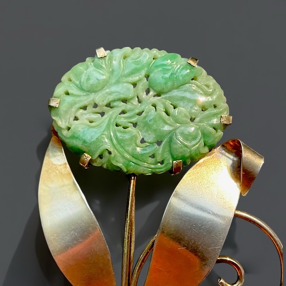 🌺RARE Vintage Sterling/Gold Jadeite Flower Brooch - Picture 14 of 16